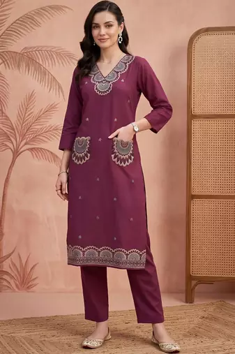 women ethnic motifs embroidered regular thread work cotton kurta with trousers
