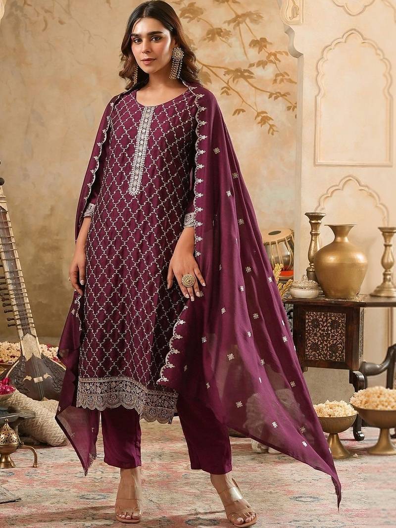 women ethnic motifs embroidered regular thread work kurta with trousers & with dupatta