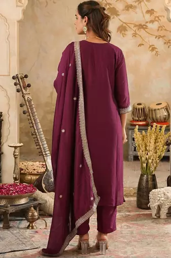 women ethnic motifs embroidered regular thread work kurta with trousers & with dupatta