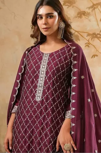 women ethnic motifs embroidered regular thread work kurta with trousers & with dupatta