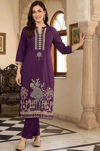 women ethnic motifs printed regular cotton kurta with trousers