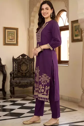 women ethnic motifs printed regular cotton kurta with trousers