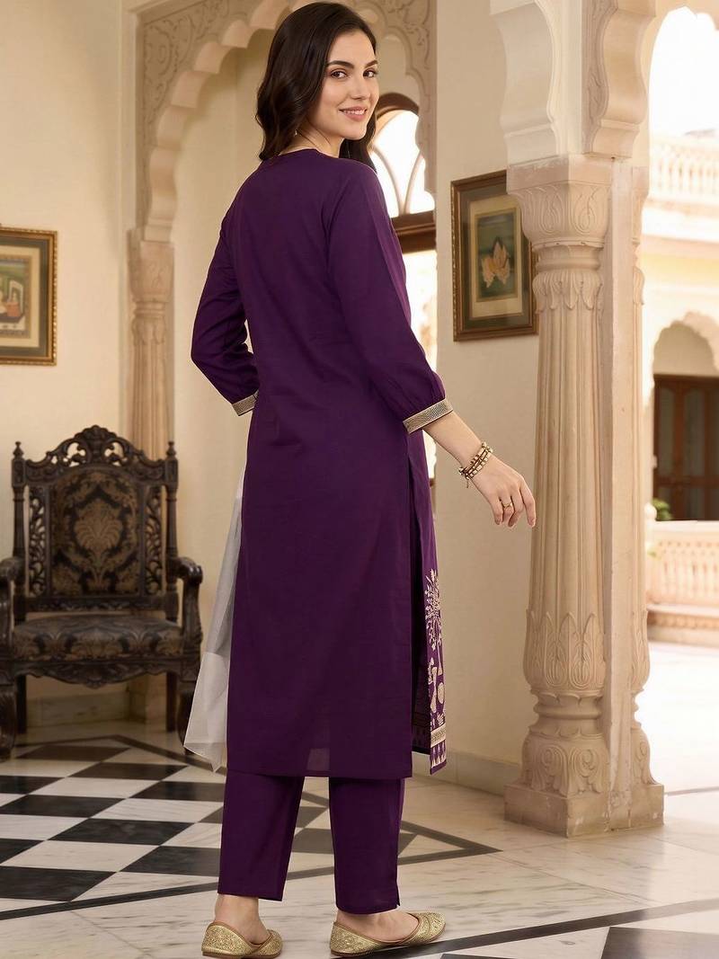 women ethnic motifs printed regular cotton kurta with trousers