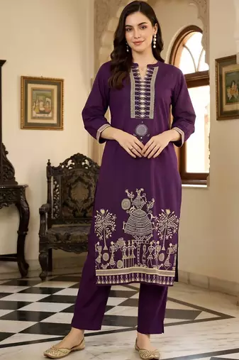 women ethnic motifs printed regular cotton kurta with trousers