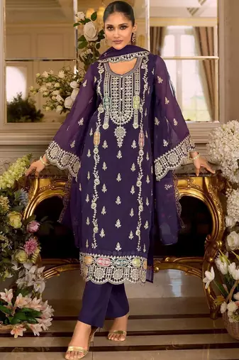 women ethnic motifs regular thread work kurta with trousers & dupatta
