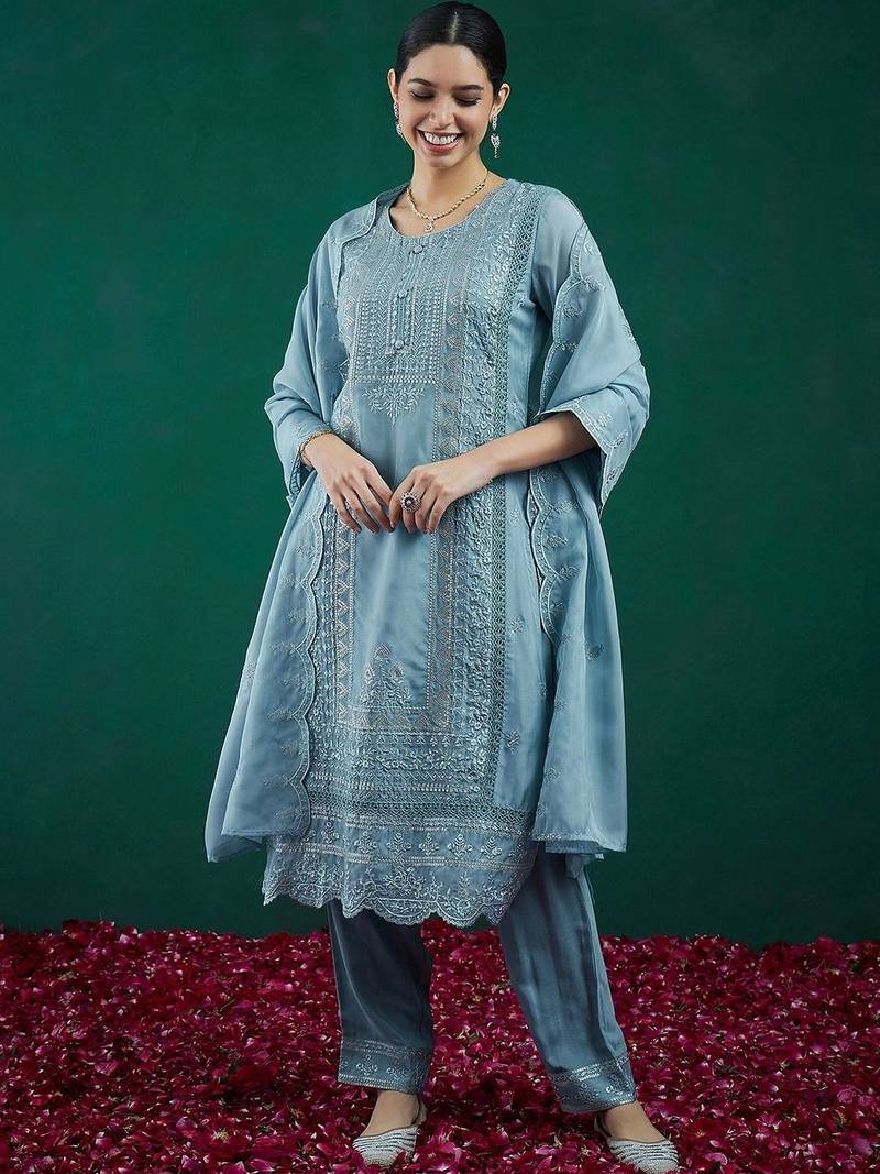 women ethnic motifs embroidered regular thread work kurta with trousers & with dupatta