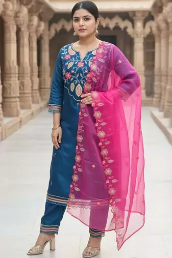 women ethnic motifs embroidered regular thread work kurta with trousers & with dupatta