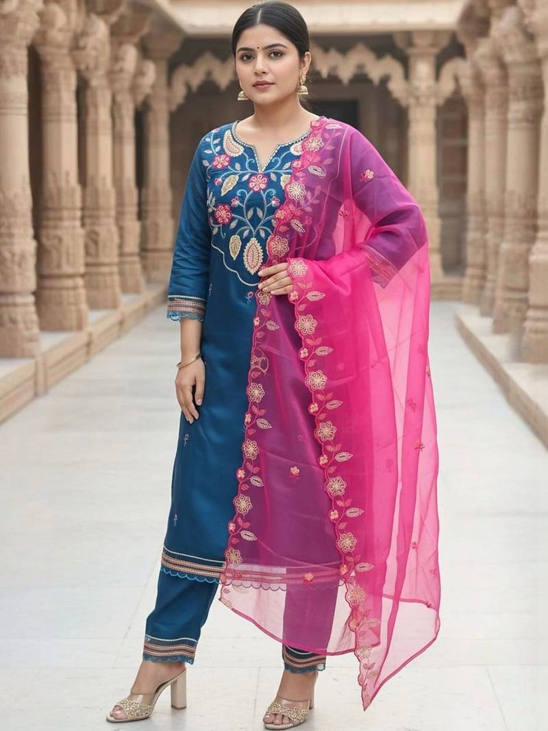 women ethnic motifs embroidered regular thread work kurta with trousers & with dupatta
