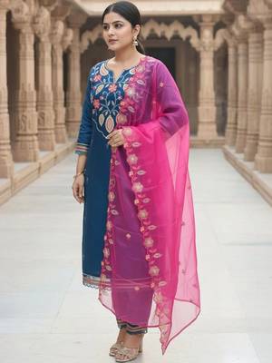 women ethnic motifs embroidered regular thread work kurta with trousers & with dupatta 2
