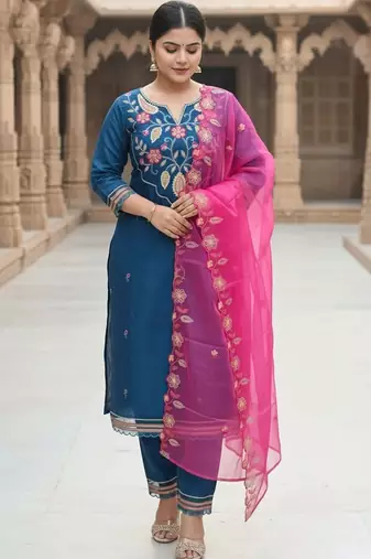 women ethnic motifs embroidered regular thread work kurta with trousers & with dupatta