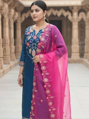 women ethnic motifs embroidered regular thread work kurta with trousers & with dupatta 6