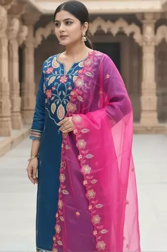 women ethnic motifs embroidered regular thread work kurta with trousers & with dupatta