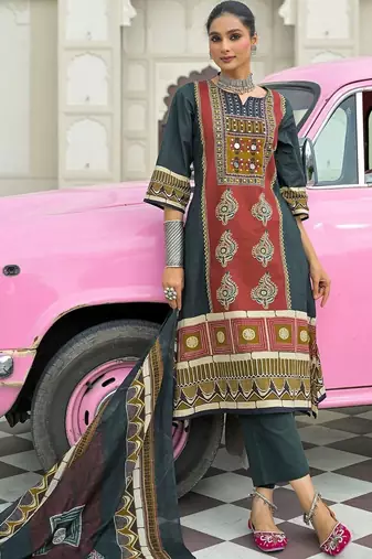 women ethnic motifs printed regular cotton kurta with trousers & with dupatta
