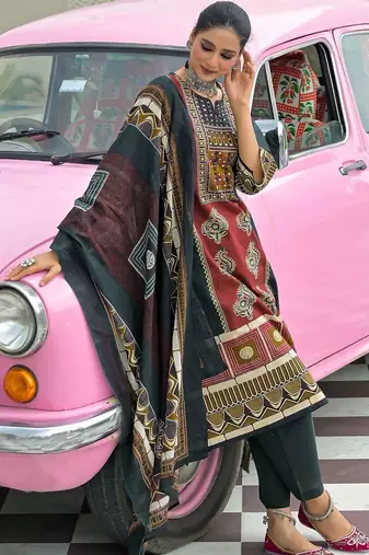 women ethnic motifs printed regular cotton kurta with trousers & with dupatta