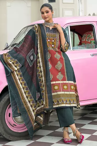 women ethnic motifs printed regular cotton kurta with trousers & with dupatta