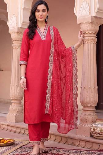 women ethnic motifs regular mirror work kurta with trousers & with dupatta