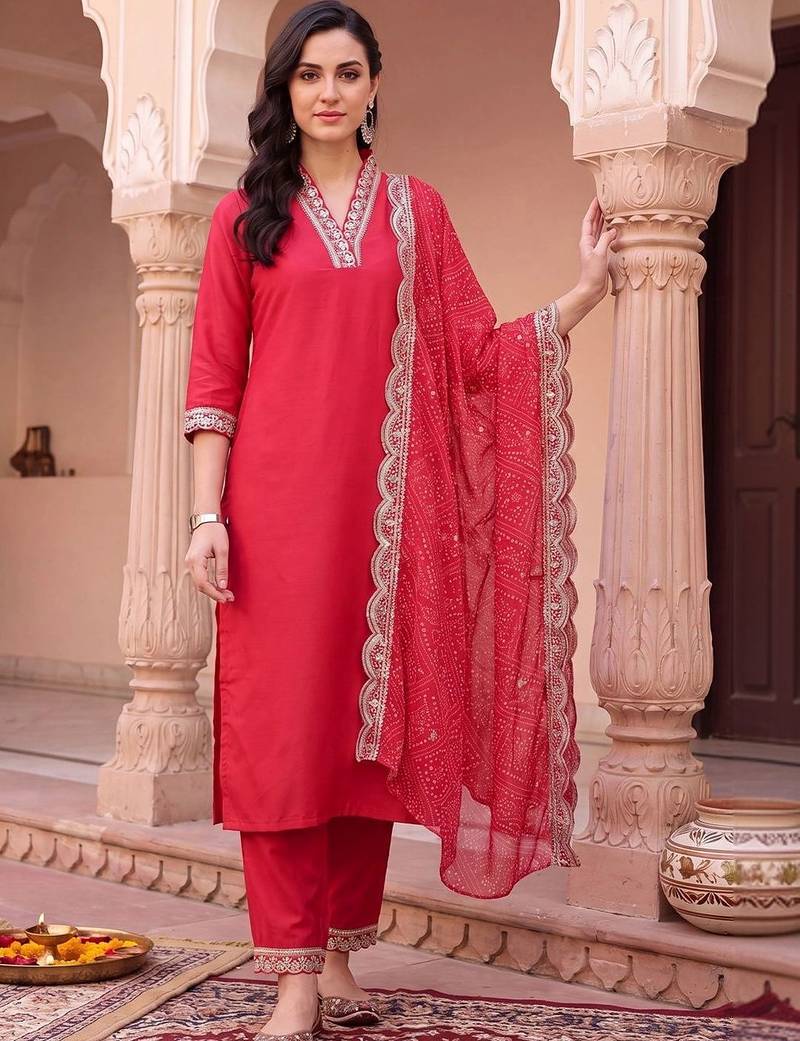 women ethnic motifs regular mirror work kurta with trousers & with dupatta