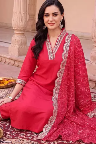 women ethnic motifs regular mirror work kurta with trousers & with dupatta