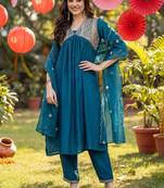 women ethnic motifs embroidered empire kurta with trousers & with dupatta