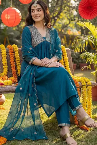 women ethnic motifs embroidered empire kurta with trousers & with dupatta