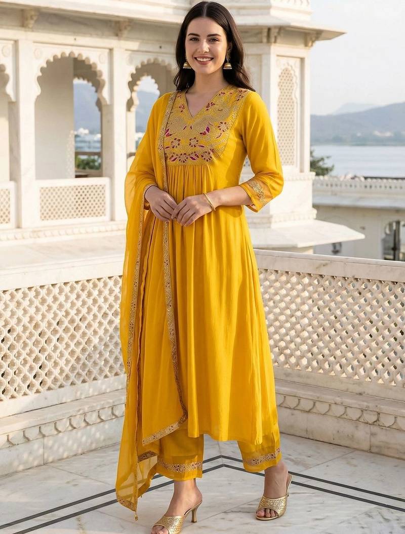 women ethnic motifs embroidered empire thread work liva kurta with trousers & with dupatta
