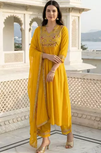 women ethnic motifs embroidered empire thread work liva kurta with trousers & with dupatta
