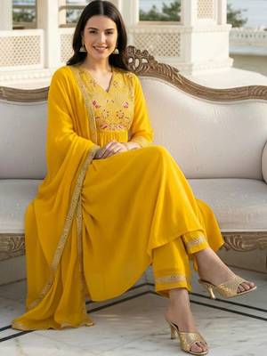 women ethnic motifs embroidered empire thread work liva kurta with trousers & with dupatta 5