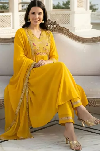 women ethnic motifs embroidered empire thread work liva kurta with trousers & with dupatta