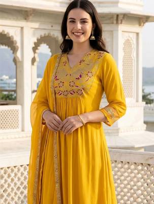 women ethnic motifs embroidered empire thread work liva kurta with trousers & with dupatta 6