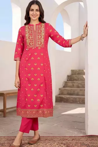 women ethnic motifs printed regular cotton kurta with trousers