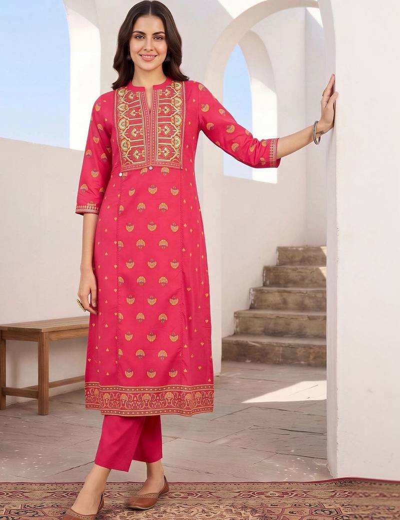 women ethnic motifs printed regular cotton kurta with trousers