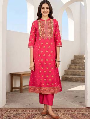 women ethnic motifs printed regular cotton kurta with trousers 5