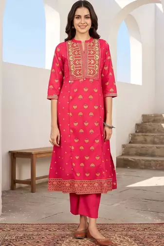 women ethnic motifs printed regular cotton kurta with trousers