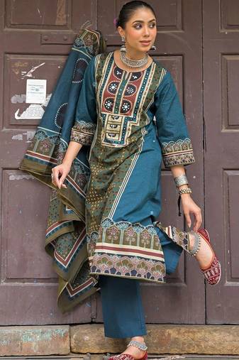 women ethnic motifs printed regular mirror work cotton kurta with trousers & with dupatta