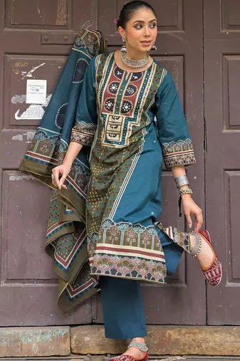 women ethnic motifs printed regular mirror work cotton kurta with trousers & with dupatta