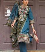 women ethnic motifs printed regular mirror work cotton kurta with trousers & with dupatta