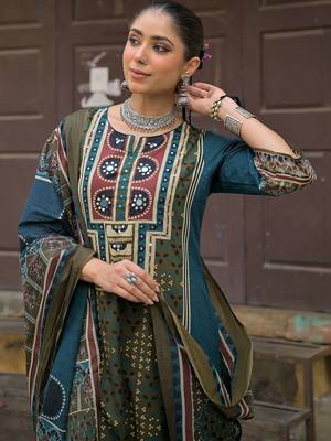 women ethnic motifs printed regular mirror work cotton kurta with trousers & with dupatta 2
