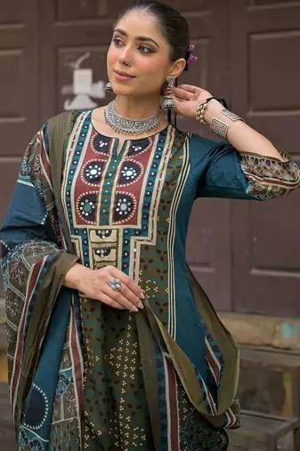 women ethnic motifs printed regular mirror work cotton kurta with trousers & with dupatta
