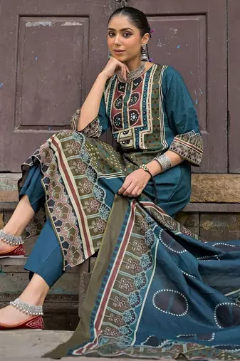 women ethnic motifs printed regular mirror work cotton kurta with trousers & with dupatta