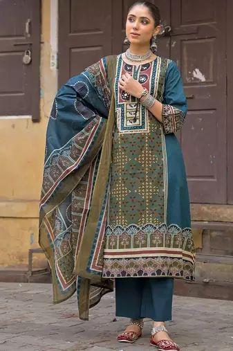 women ethnic motifs printed regular mirror work cotton kurta with trousers & with dupatta