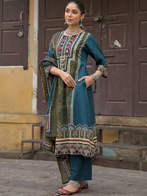 women ethnic motifs printed regular mirror work cotton kurta with trousers & with dupatta 6