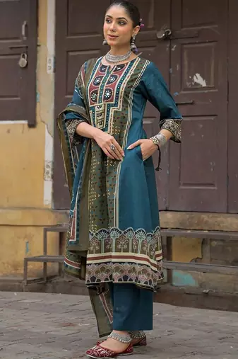 women ethnic motifs printed regular mirror work cotton kurta with trousers & with dupatta