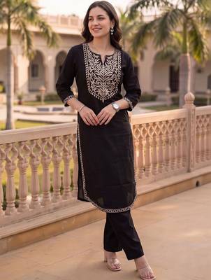 women ethnic motifs embroidered regular thread work cotton kurta with trousers 1