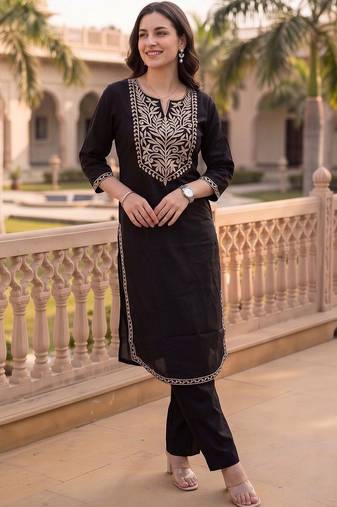 women ethnic motifs embroidered regular thread work cotton kurta with trousers