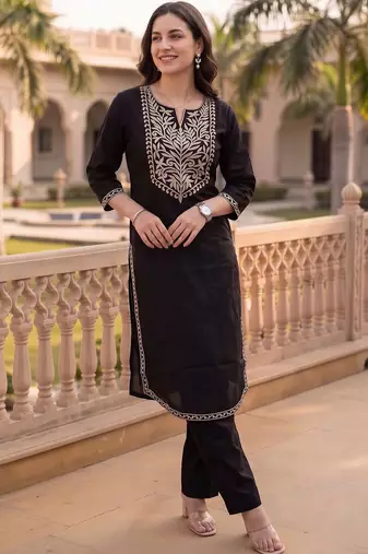 women ethnic motifs embroidered regular thread work cotton kurta with trousers