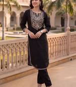 women ethnic motifs embroidered regular thread work cotton kurta with trousers