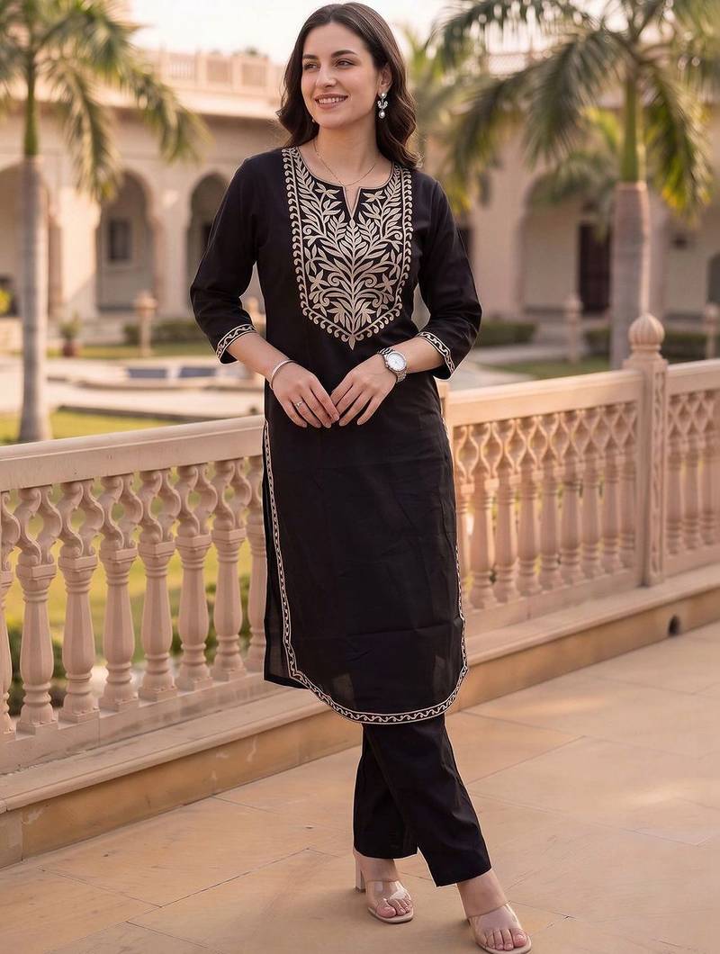 women ethnic motifs embroidered regular thread work cotton kurta with trousers