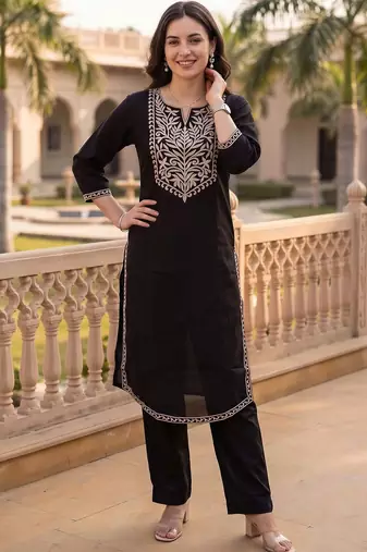 women ethnic motifs embroidered regular thread work cotton kurta with trousers