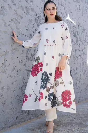 women floral printed regular cotton kurta with trousers