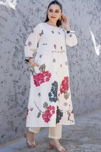 women floral printed regular cotton kurta with trousers